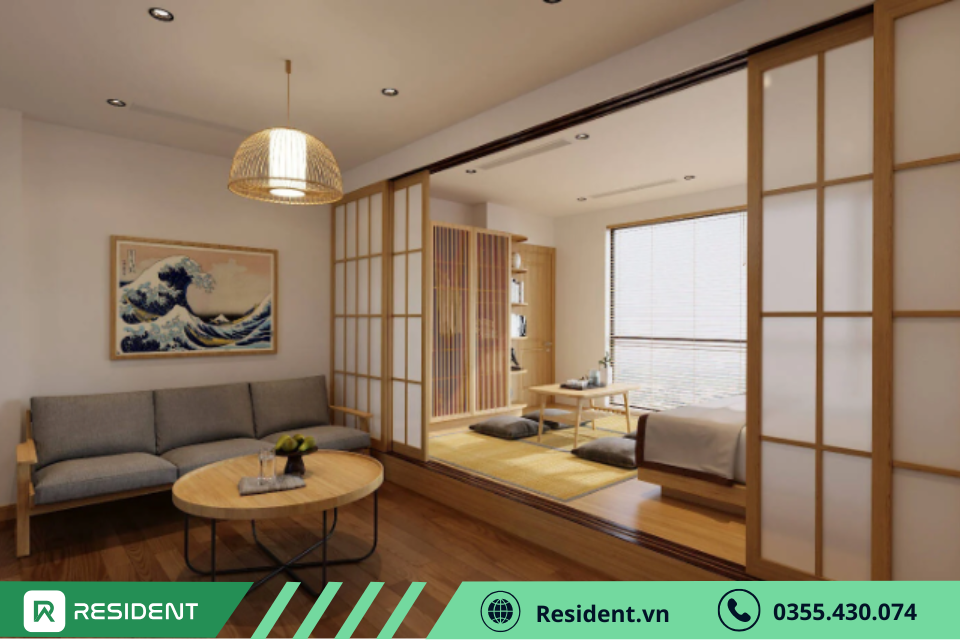 Thiết kế cửa trượt ngăn cách phòng khách và khu vực giải trí