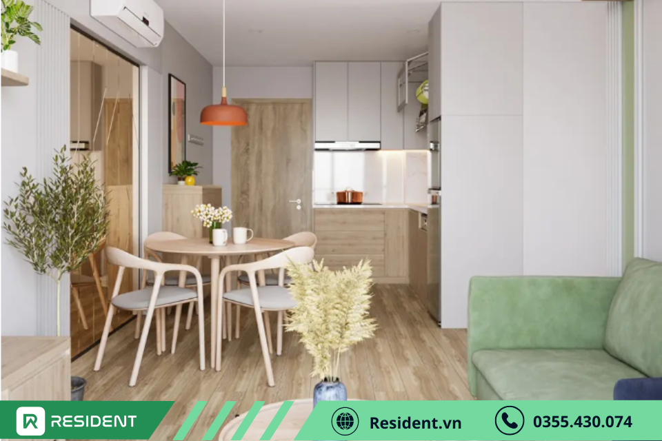 Thiết kế nội thất chung cư mini hiện đại tông màu trắng kết hợp nội thất gỗ