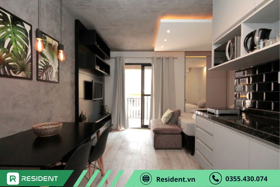 Thiết kế nội thất căn hộ chung cư mini 30m2 hiện đại 2 phòng ngủ với nội thất tối màu