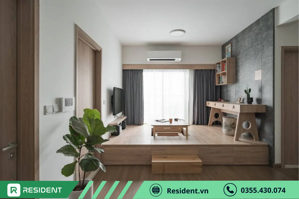 Thiết kế phòng khách căn hộ mini theo phong cách Wabi Sabi với nội thất gỗ