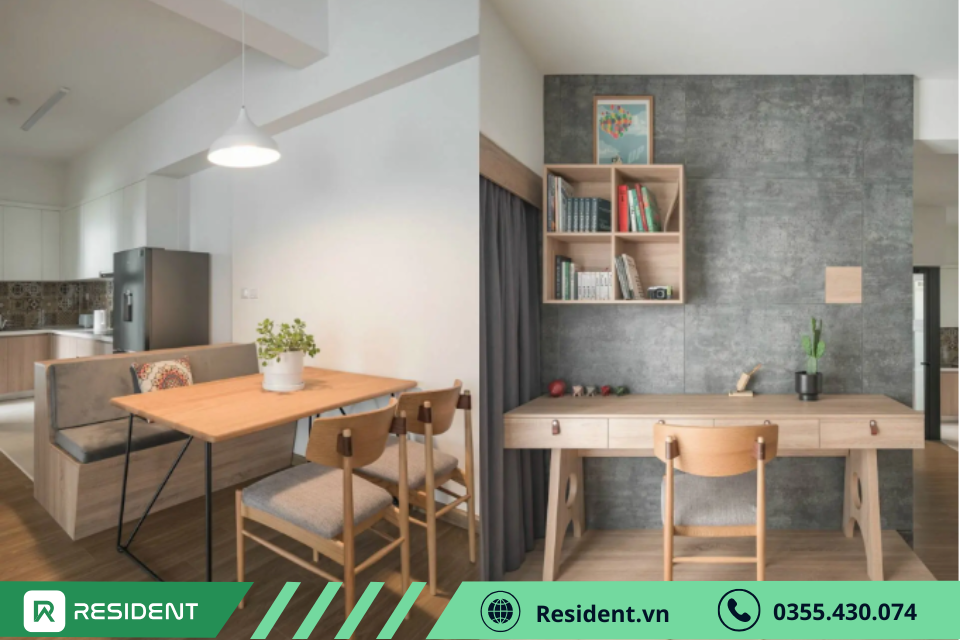 Mẫu thiết kế phòng khách và khu vực học tập, làm việc của căn hộ mini phong cách Wabi Sabi