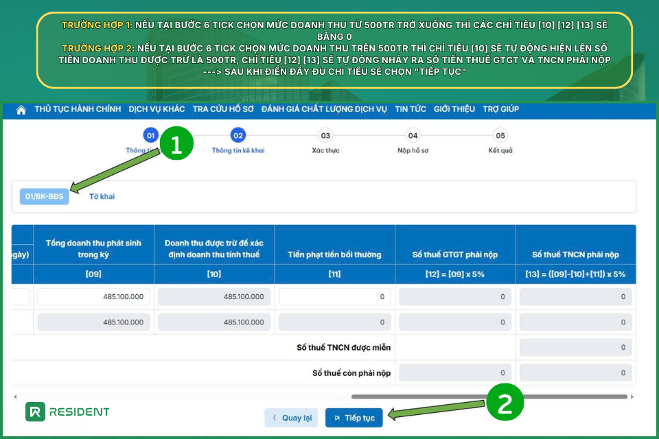 Bước 7: Điền thông tin tại phụ lục bảng kê 01/BK-BĐS