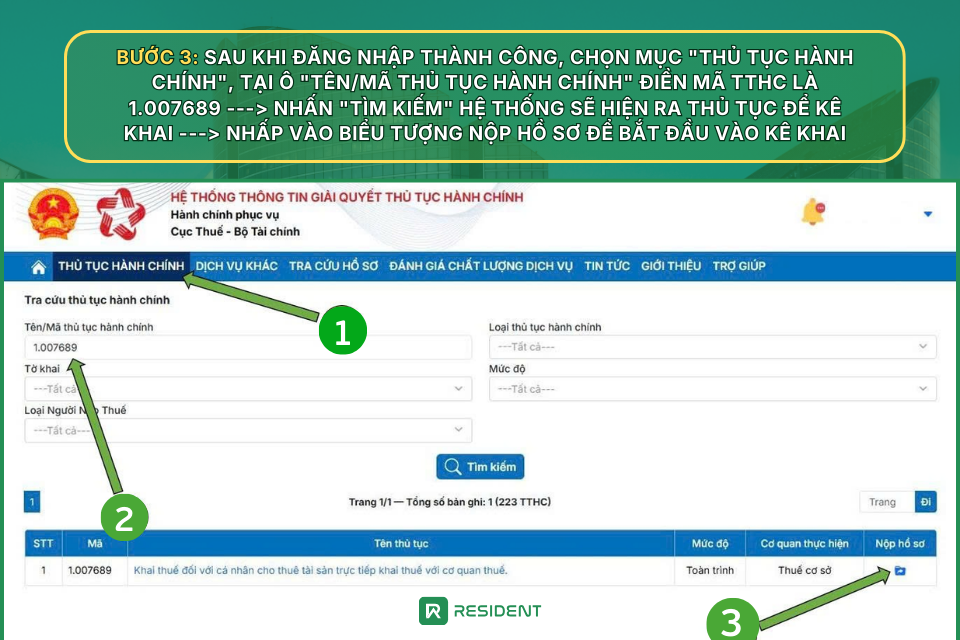 Bước 3: Tìm và chọn thủ tục kê khai