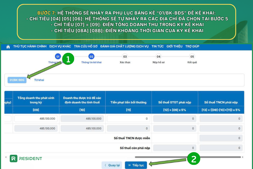 Bước 7: Điền thông tin tại phụ lục bảng kê 01/BK-BĐS