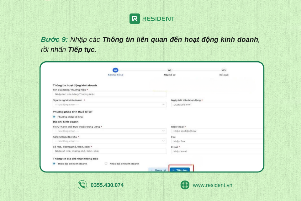 Bước 9: Nhập các thông tin liên quan đến hoạt động kinh doanh