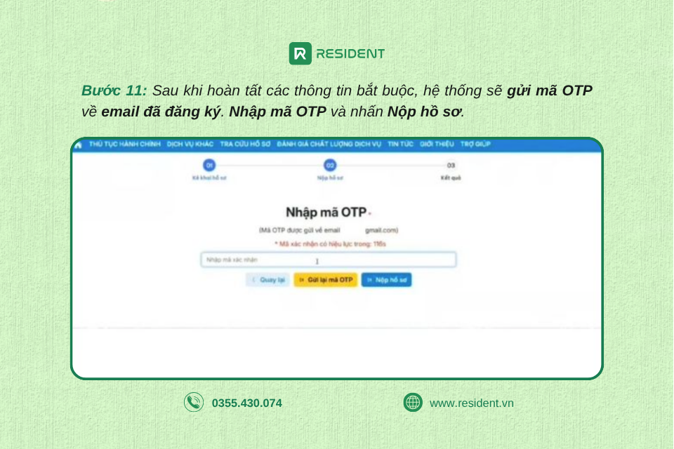 Bước 11: Nhập mã OTP và nộp hồ sơ đăng ký mã số thuế cho thuê tài sản