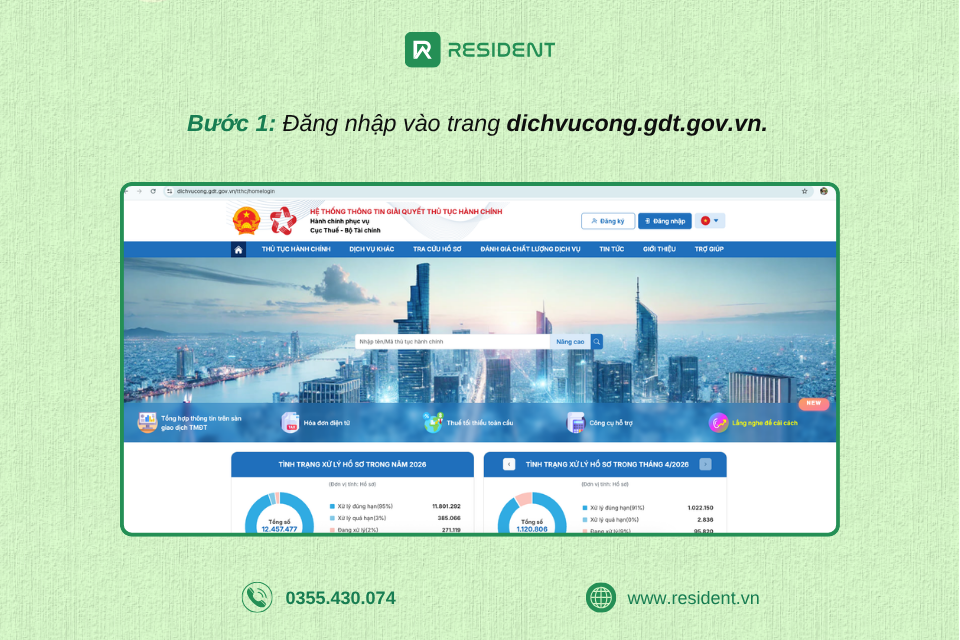 Bước 1: Đăng nhập vào trang dichvucong.gdt.gov.vn để đăng ký mã số thuế cho thuê tài sản
