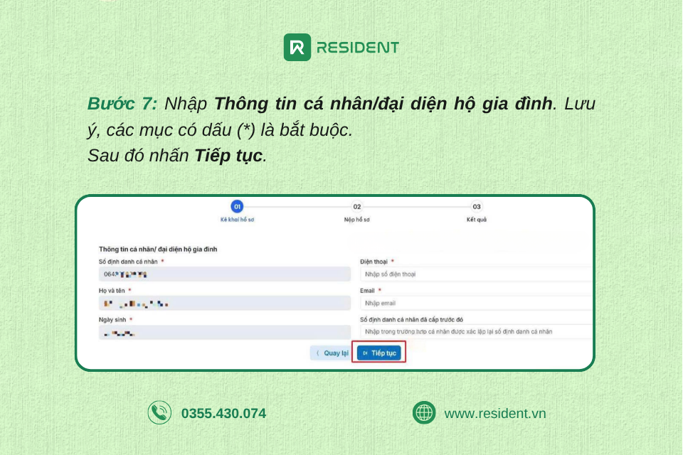 Bước 7: Nhập thông tin cá nhân hoặc đại diện hộ gia đình