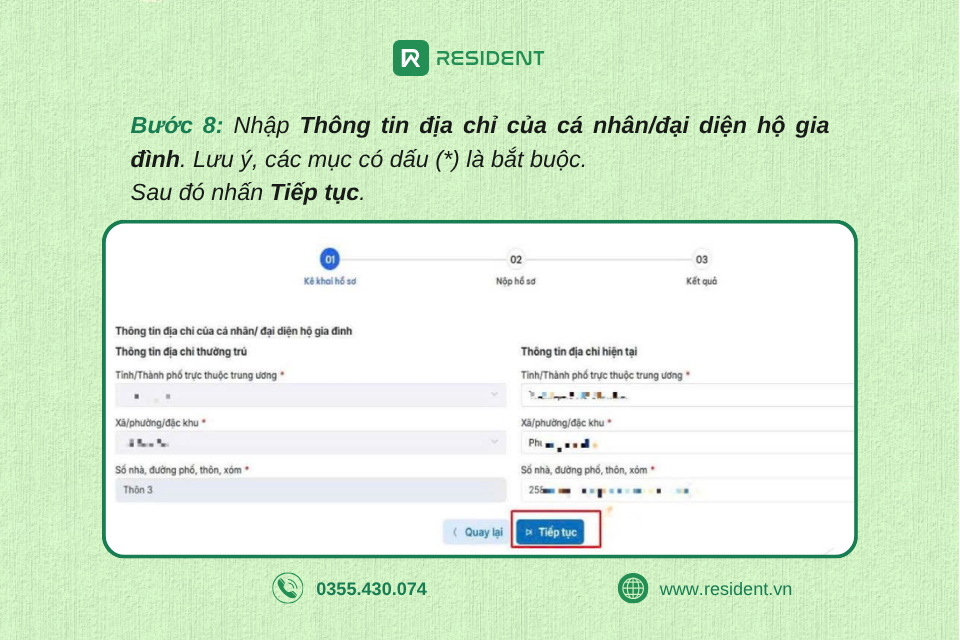 Bước 8: Nhập thông tin địa chỉ của cá nhân/đại diện hộ gia đình