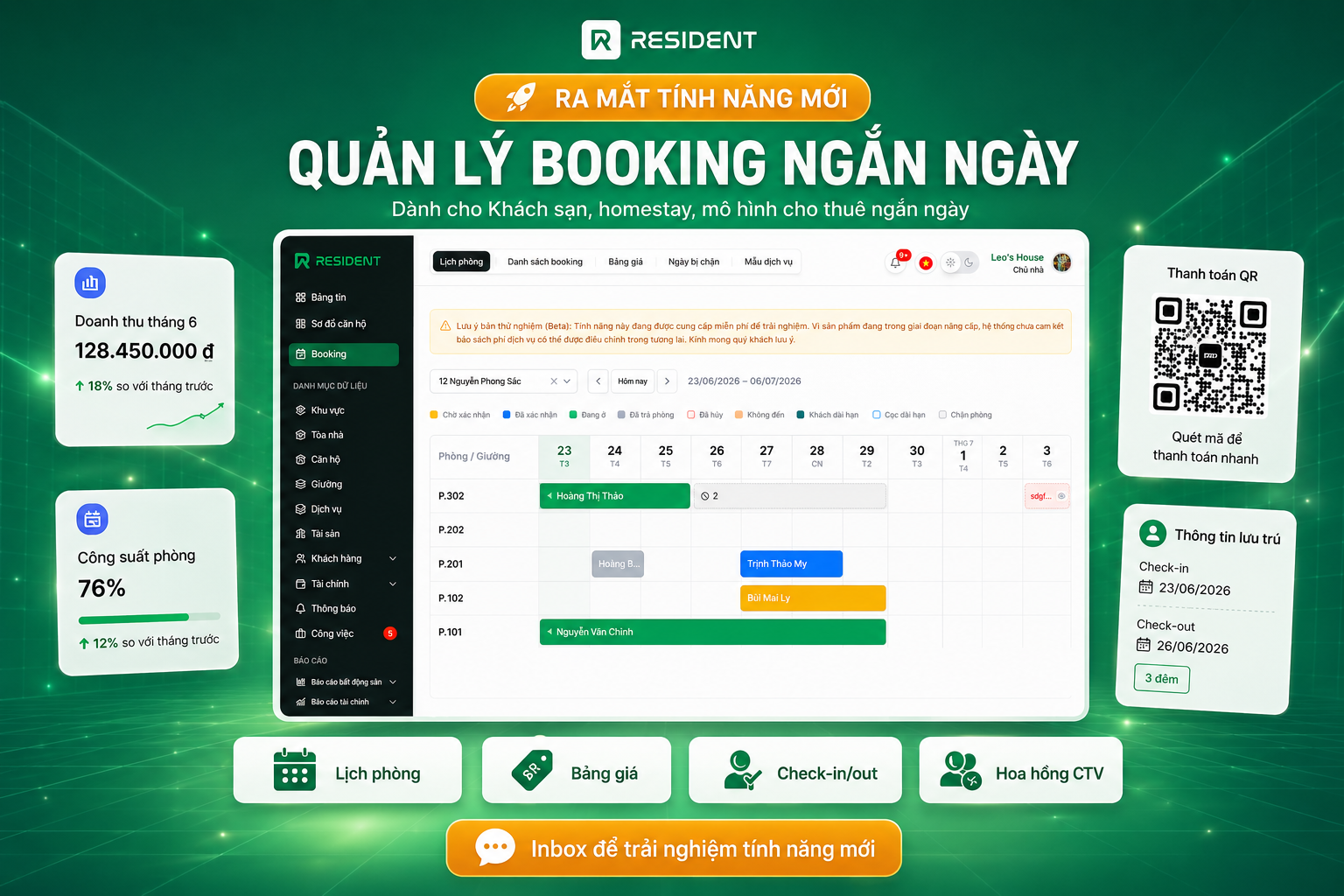 Resident ra mắt tính năng quản lý đặt phòng ngắn ngày